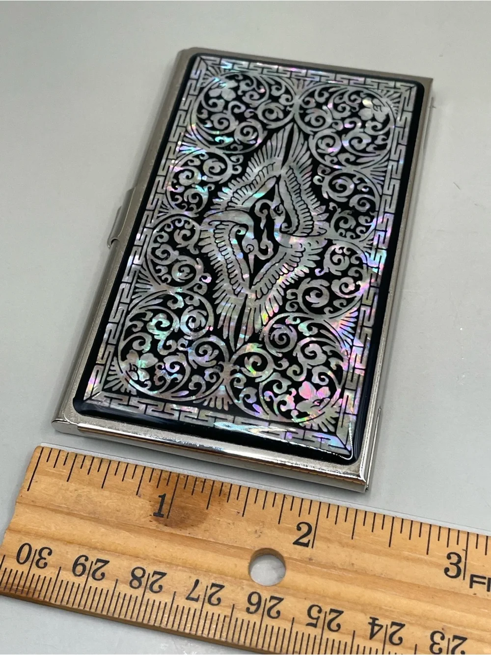 Mother of Pearl Silvertone Metal Business Credit Card Money Holder Case Korea
